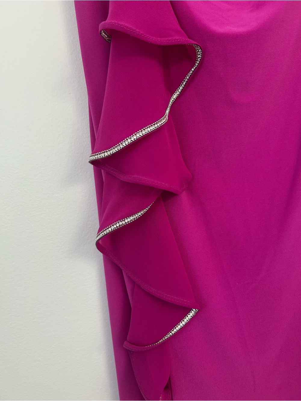 Joseph Ribkoff Magenta Rhinestone Asymmetrical Ruffle Lined Cocktail Dress | US - Picture 3 of 16